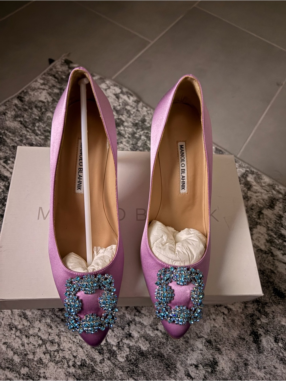 Manolo Blahnik Purple Satin Crystal-Embellished Pumps - Picture 2 of 8